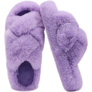 Women's Light Purple Faux Fur Fuzzy Fluff House Open Toe Slide Slippers Shoes